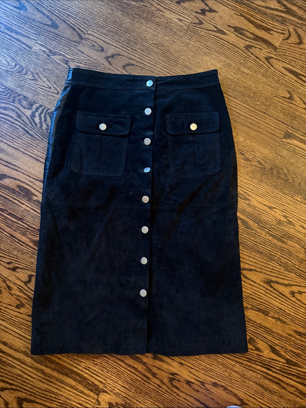Button-Front Black Suede Midi Skirt with Flap Pockets